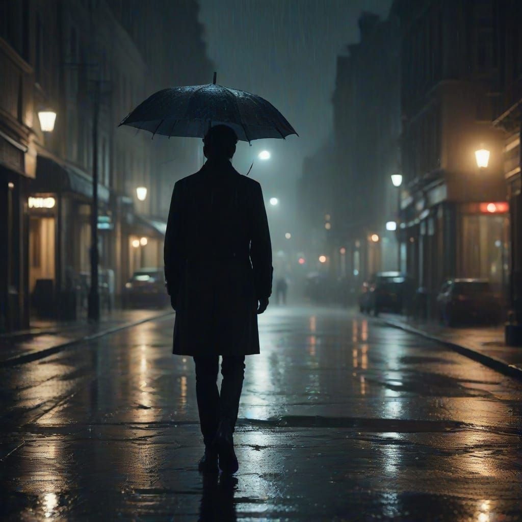 Rain-Soaked City Streets at Night in Neo-Noir Style