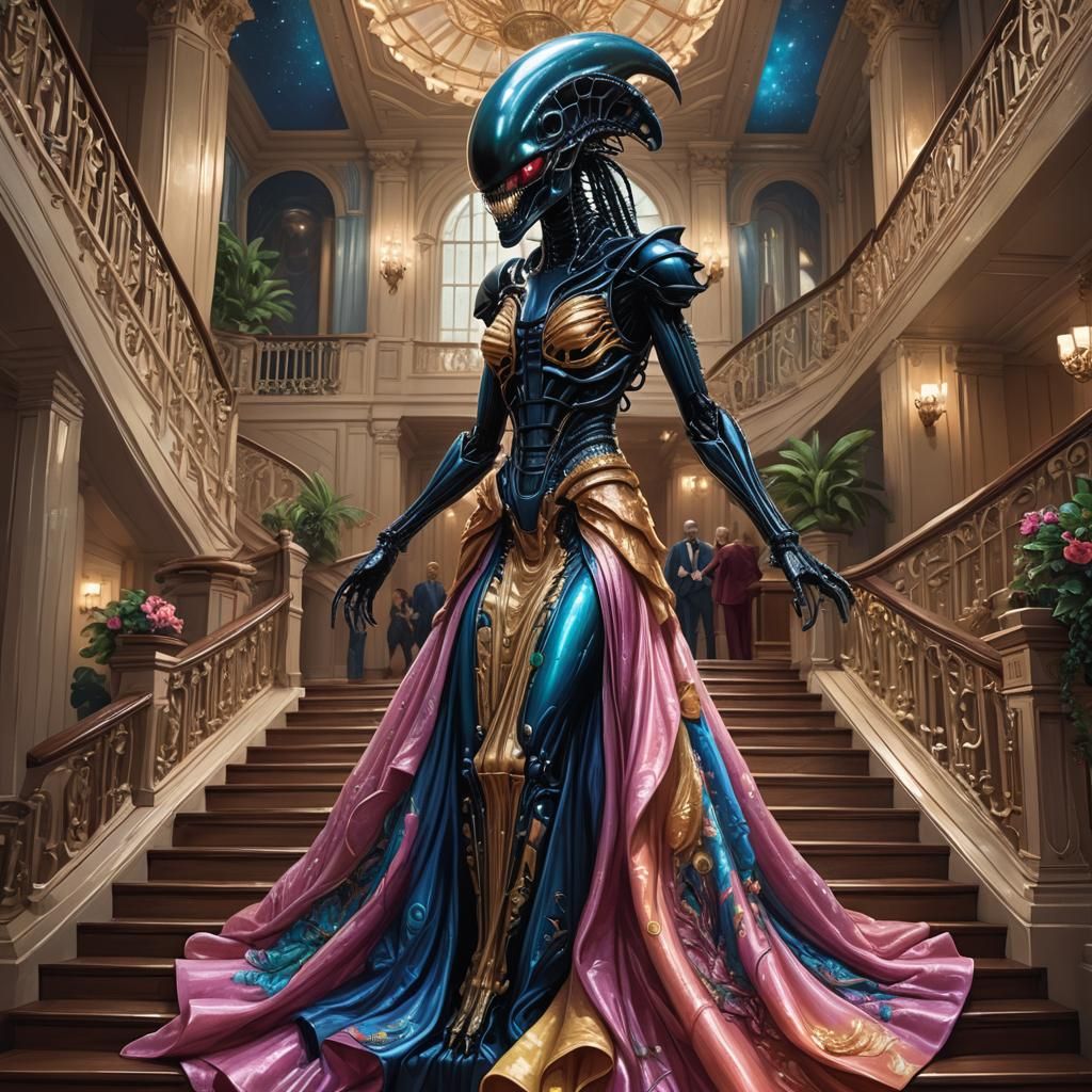 Xenomorph in Evening Gown Descending Staircase in Candy Art