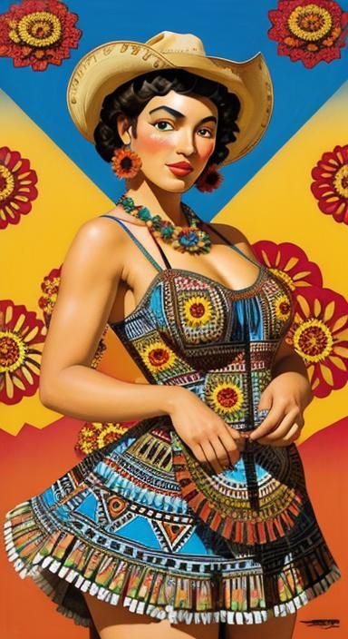 Cowgirl in Aztec Sundress with Zinnias, Pin-Up Style