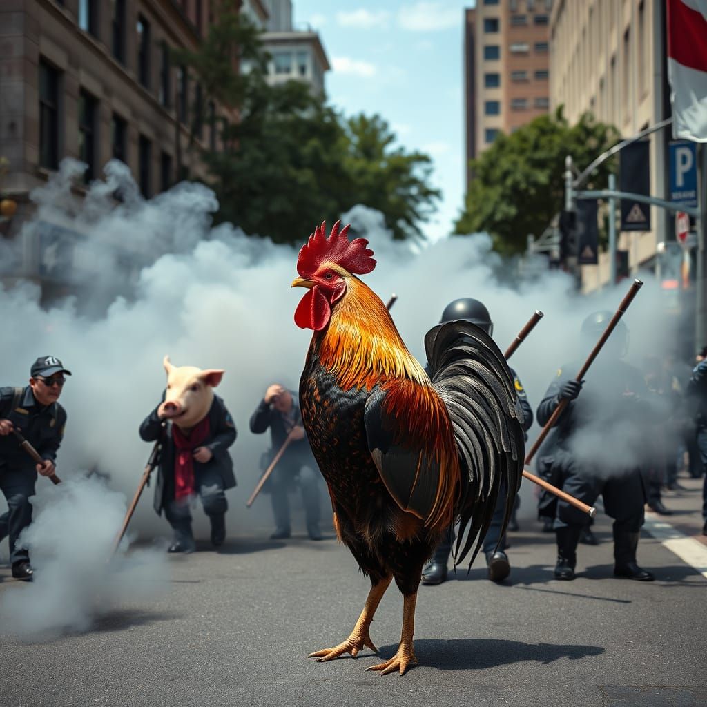 Rooster Defies Pigs in Police Riot