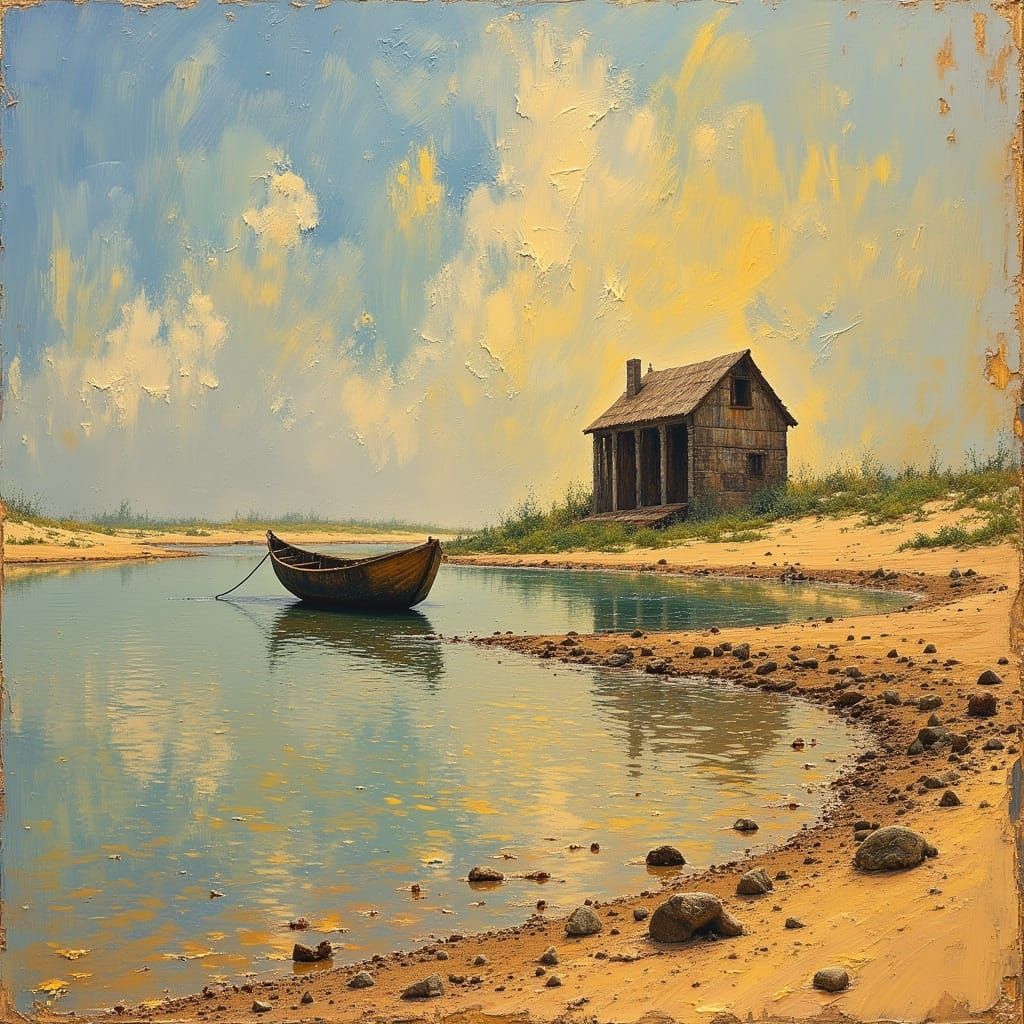 <lora:MJ6 Dark Oil Paint:1.0> Photo of a dilapidated hut located afar off, a ruptured boat on a lake surrounded by sand ...