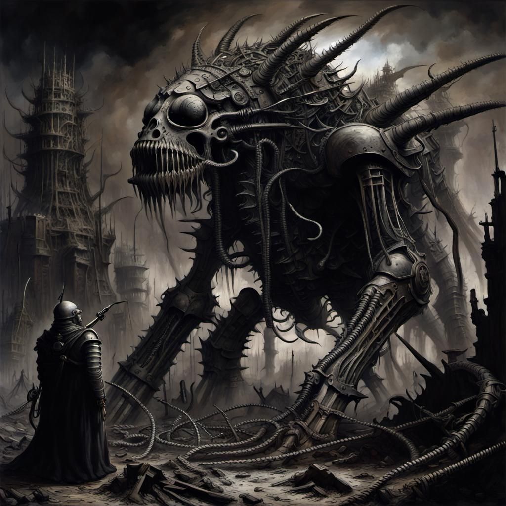 Mechanical War Monster in Bleak Surreal Landscape