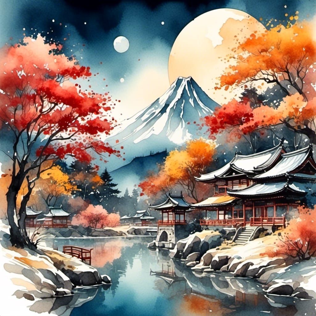 Japanese Lunar Landscape in Watercolor Style