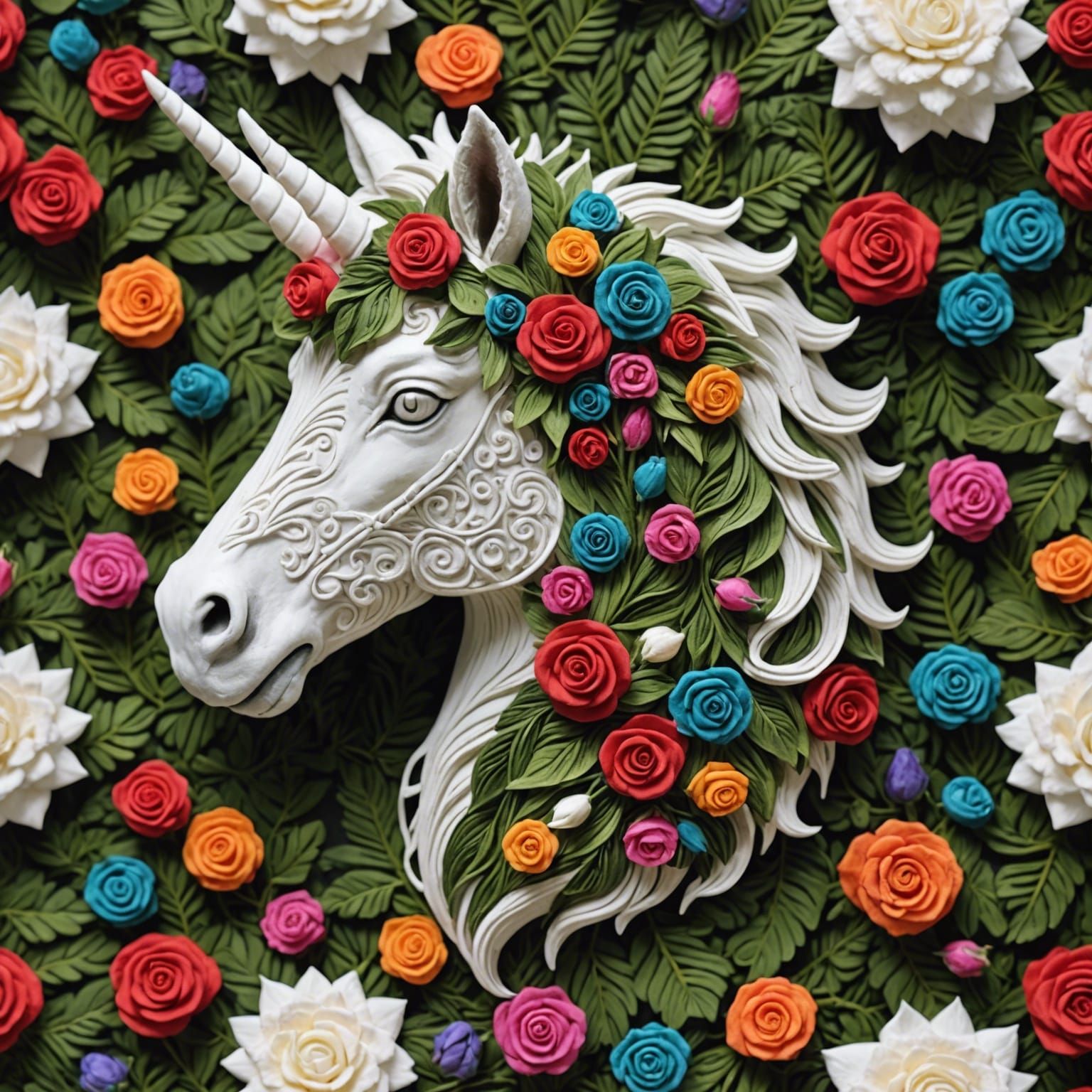 Unicorn Head Amidst Intricate Organic Vegetation