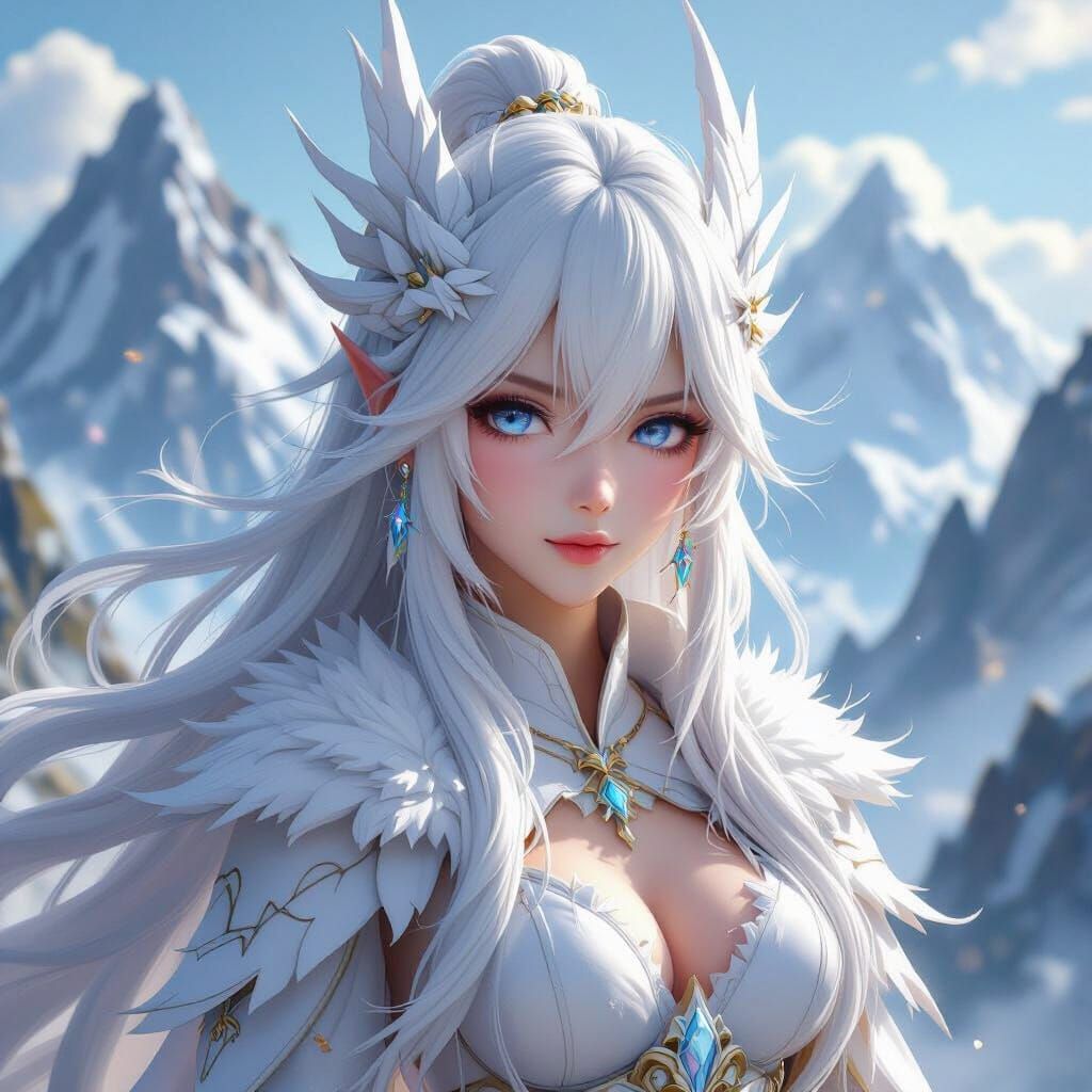 Majestic White Dragon Maiden with Blue Eyes in Mystical Moun...