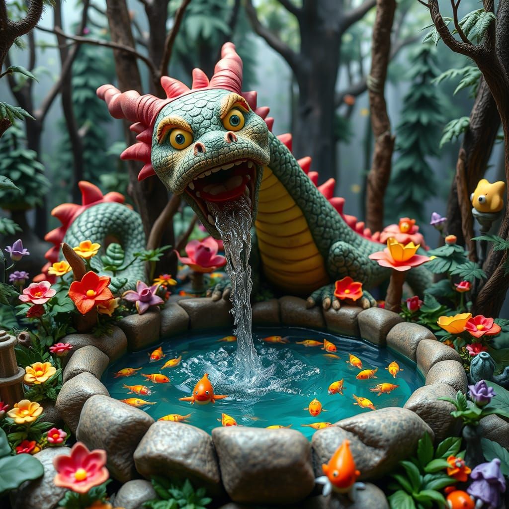 Claymation Dragon Fountain in Magical Forest