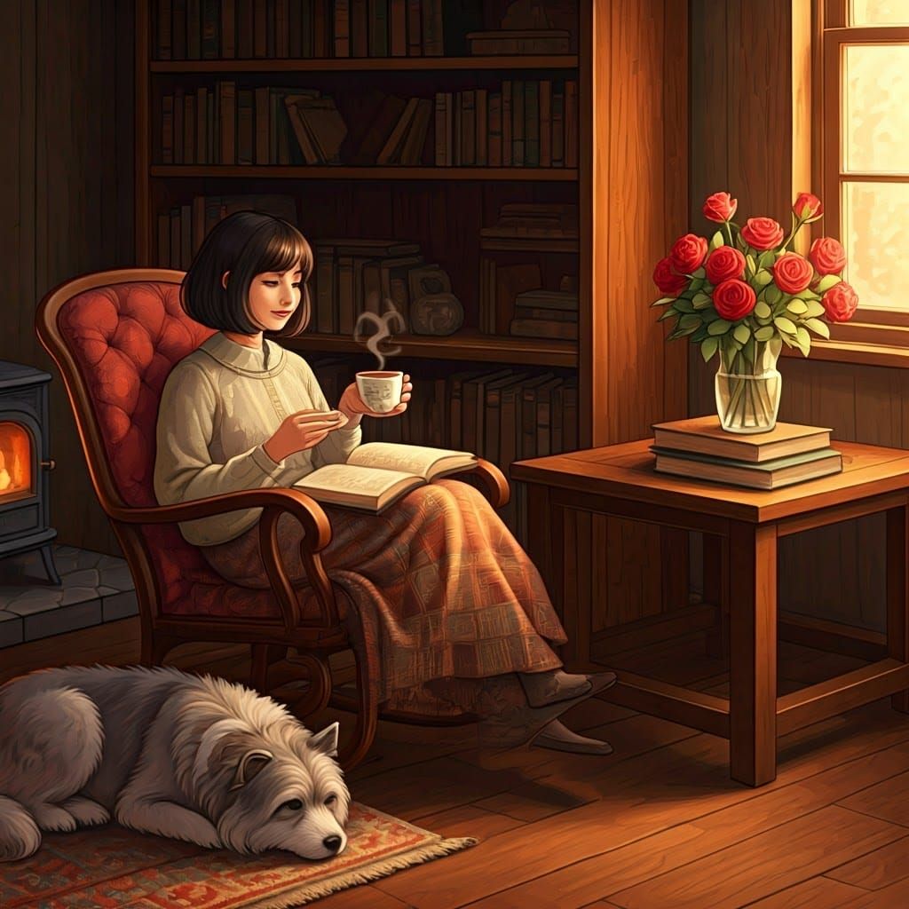 Girl in Rocking Chair Reading, Cozy Book-Lined Room