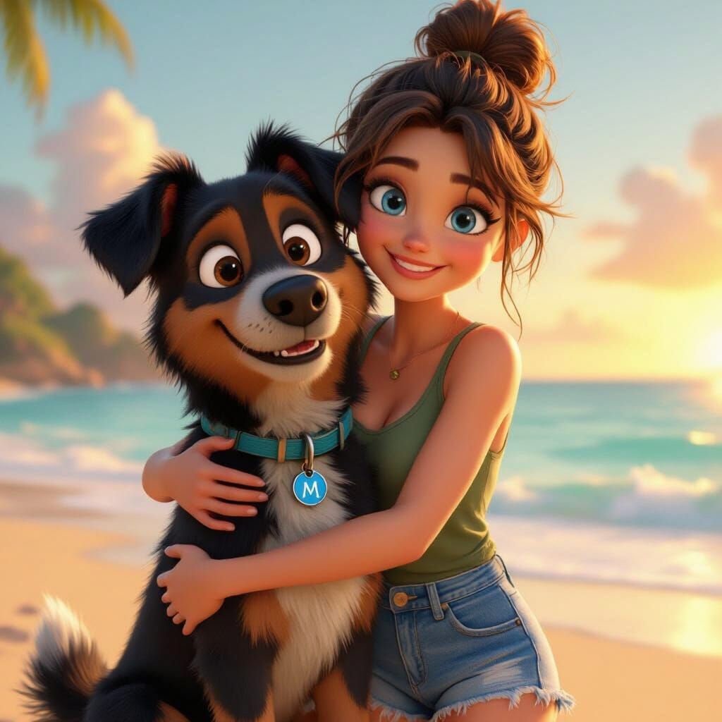 Woman and Dog on Beach in Pixar Style