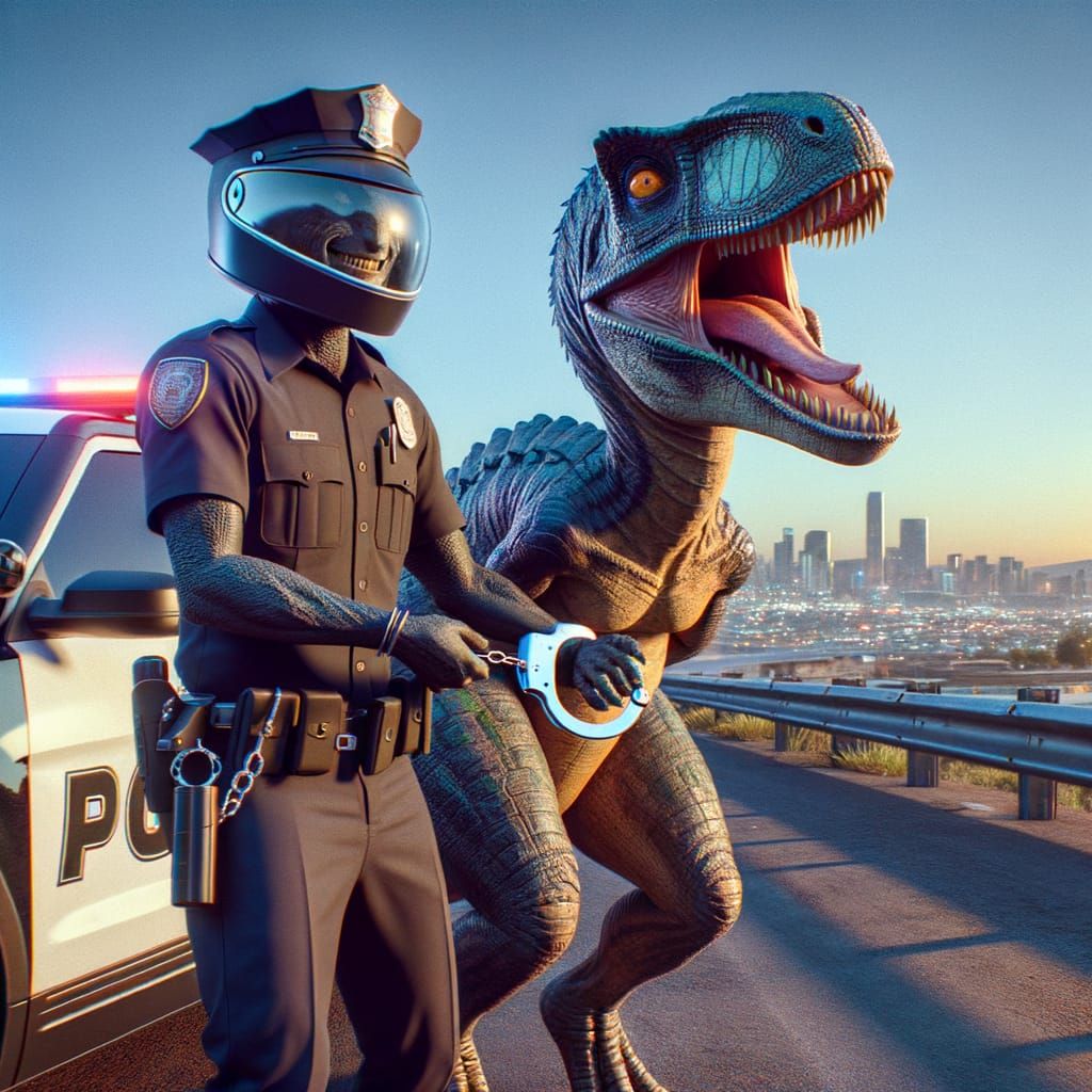 Futuristic Velociraptor Police Officer Arrests Triceratops i...
