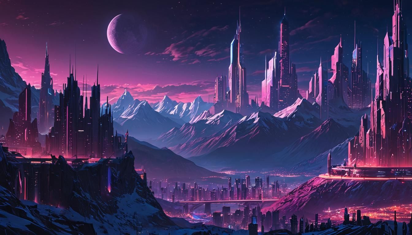 Cyberpunk Cityscape on Comet with Neon Moon
