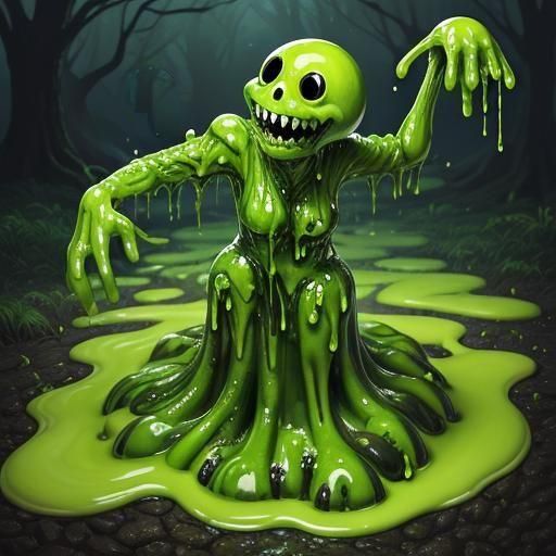Humorous Green Slime Creature in Ominous Forest