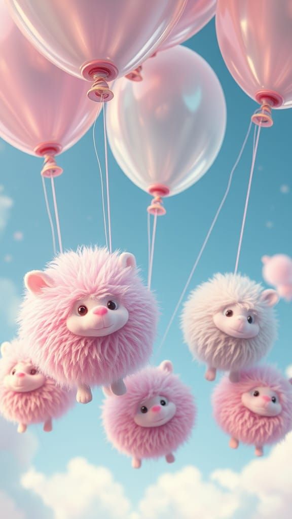 Fluffy Creatures Ascend with Helium Balloons