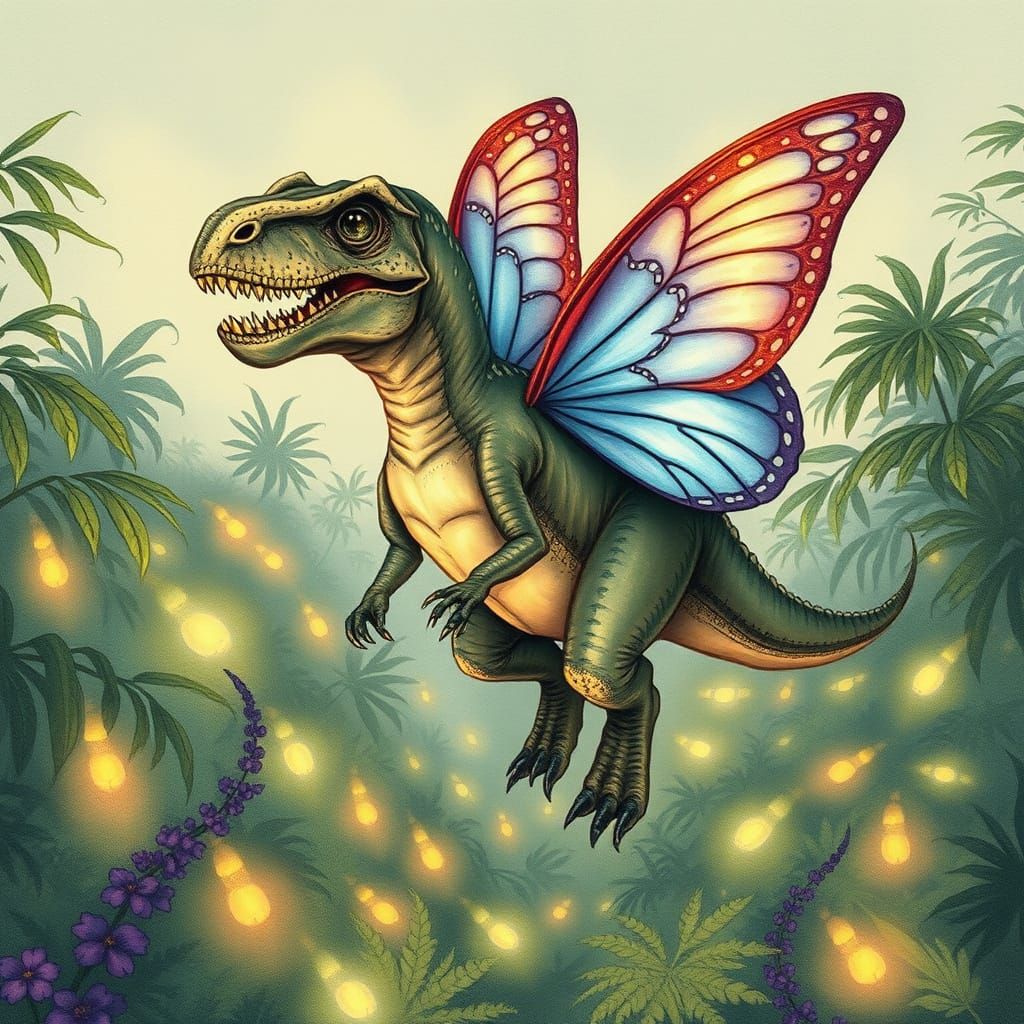 Majestic T-Rex with Butterfly Wings in Storybook Style