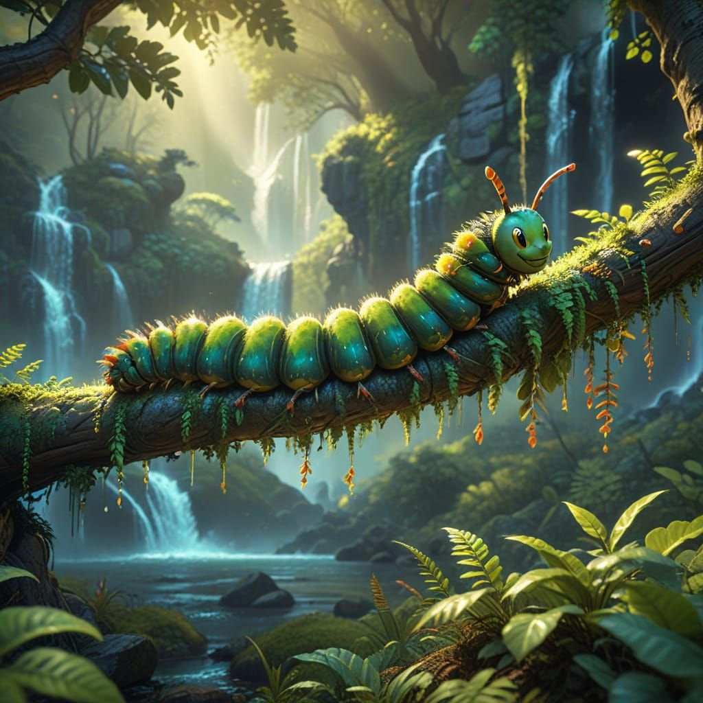 Animated Caterpillar in Vibrant Pixar Forest Landscape
