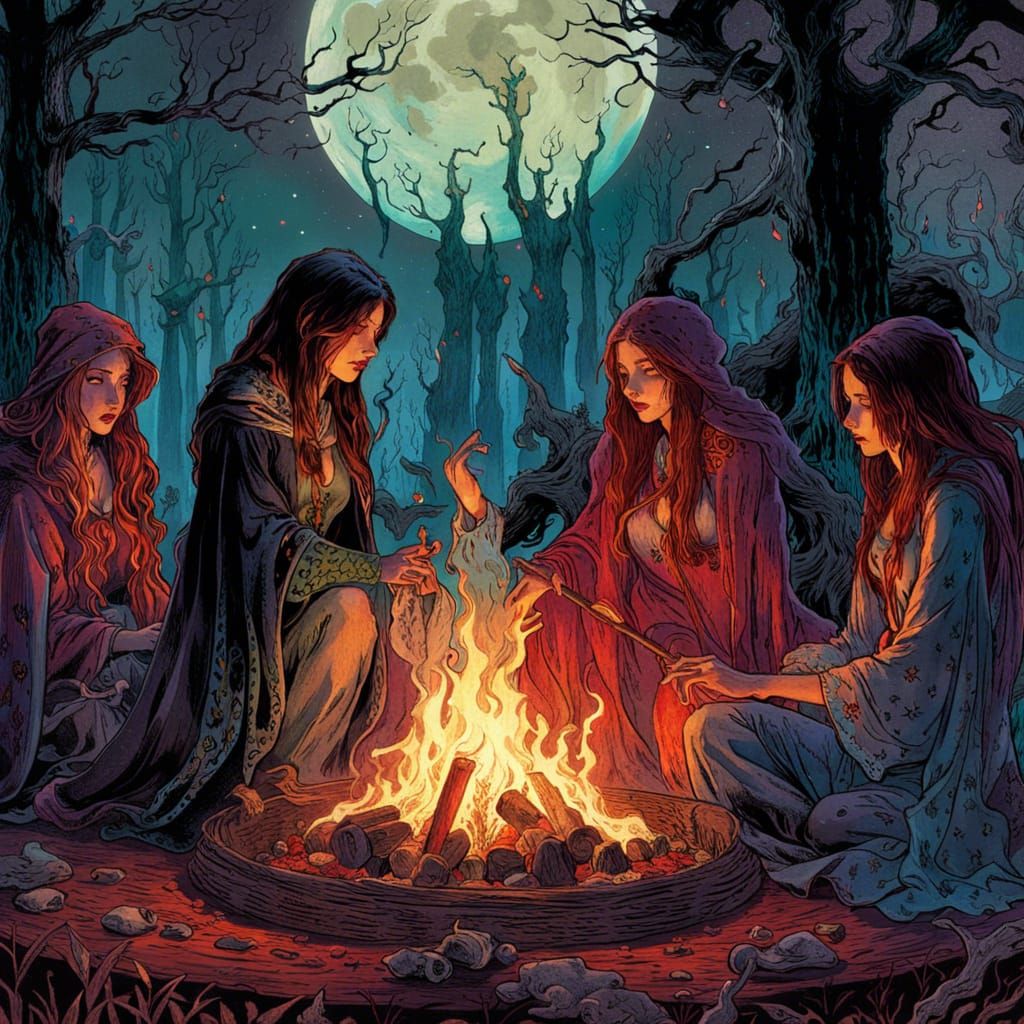 Witches' Ritual Fire Under the Moon, Carne Griffiths Style