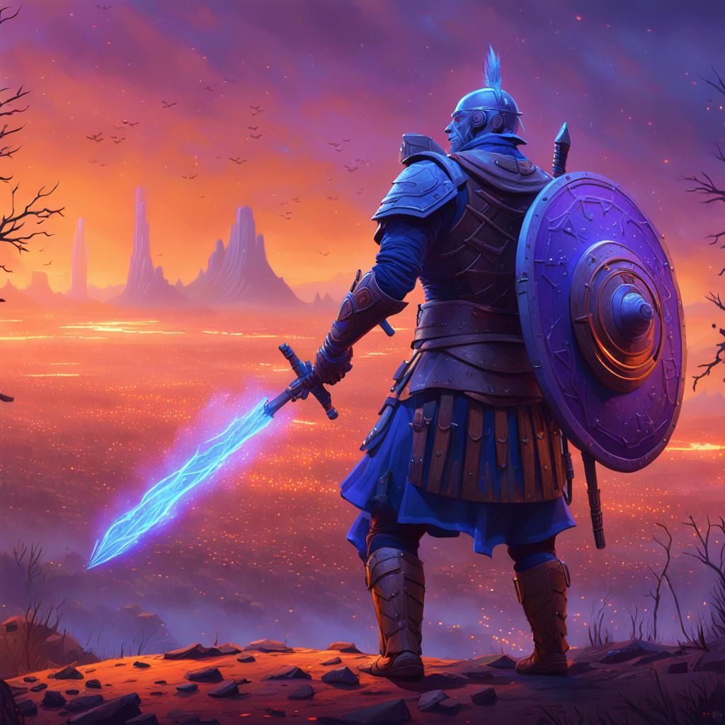 Fantasy Warrior Wields Magic in Fiery Landscape