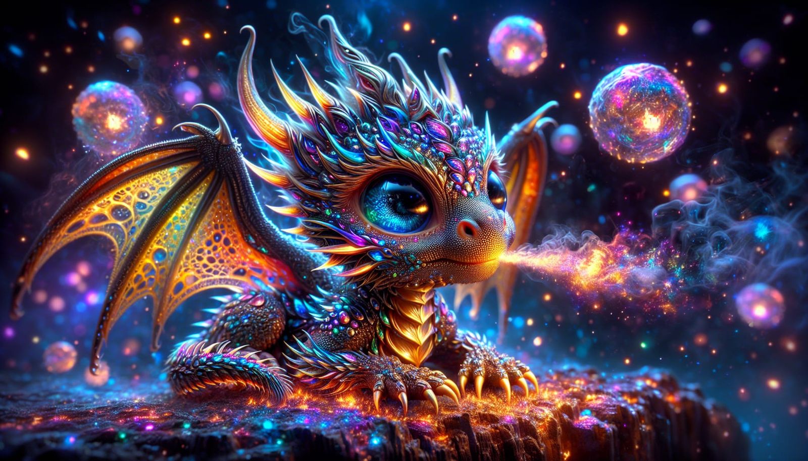 Surreal Baby Dragon with Glowing Metallic Scales and Etherea...