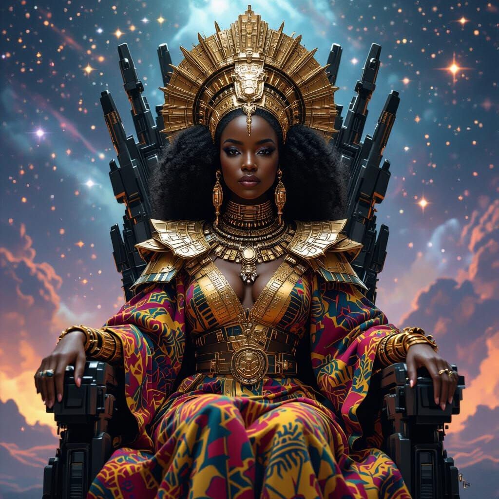 African Queen on Robotic Throne in Kaleidoscopic Starscape