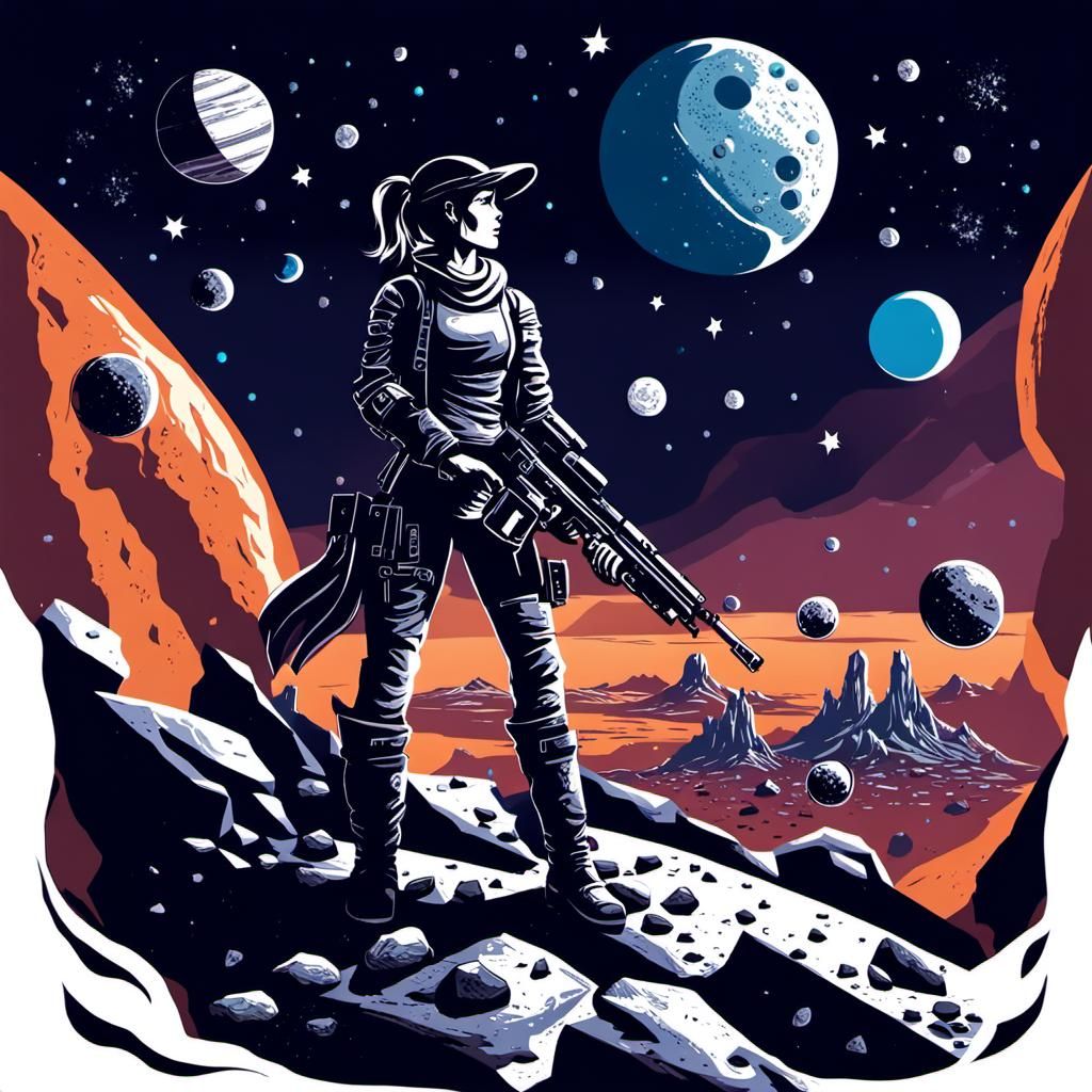 Woman with Gun on Alien Planet Landscape