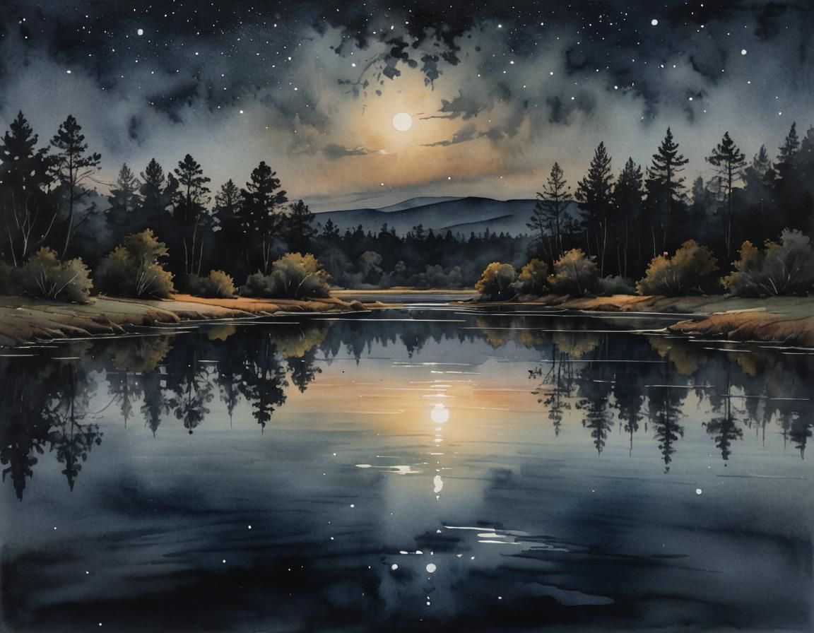 Moody Night Landscape in Watercolor Painting