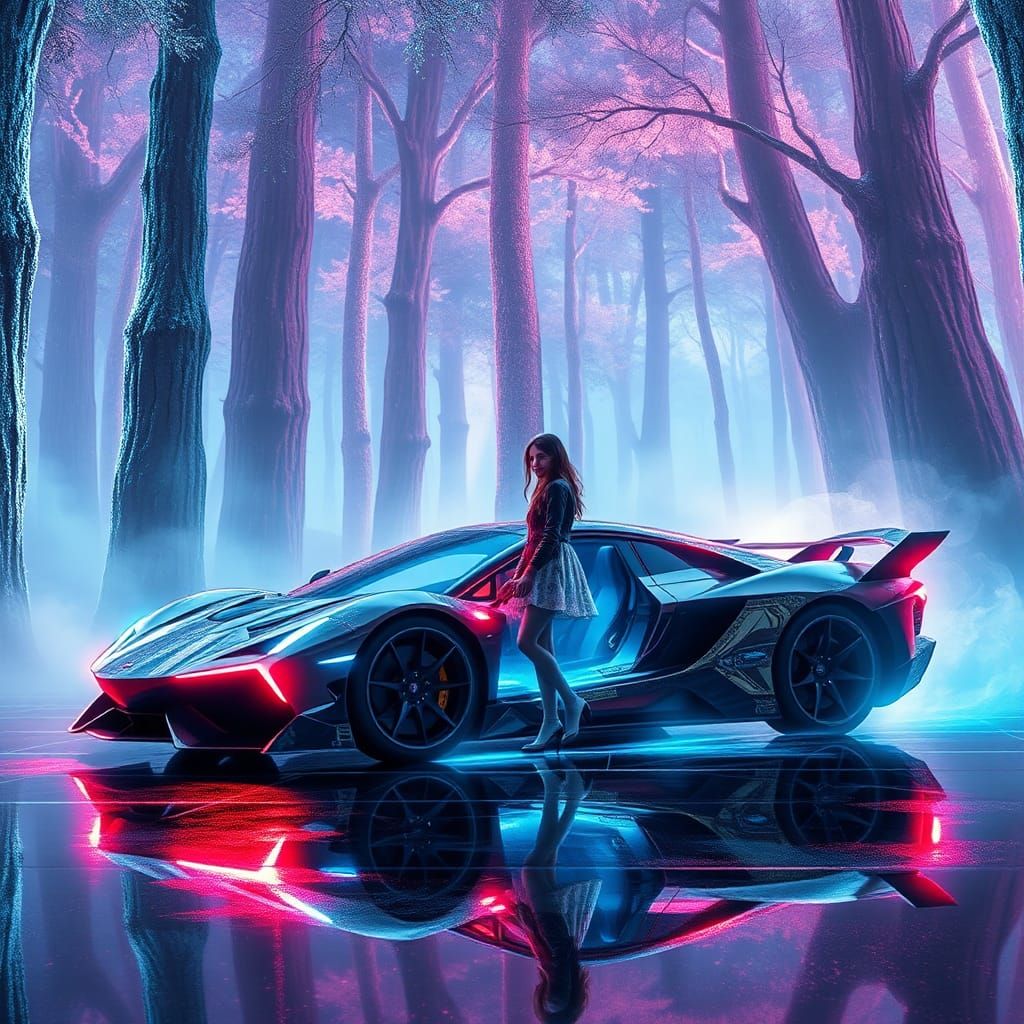 Cyberpunk Supercar in Enchanted Forest, Synthwave Aesthetic