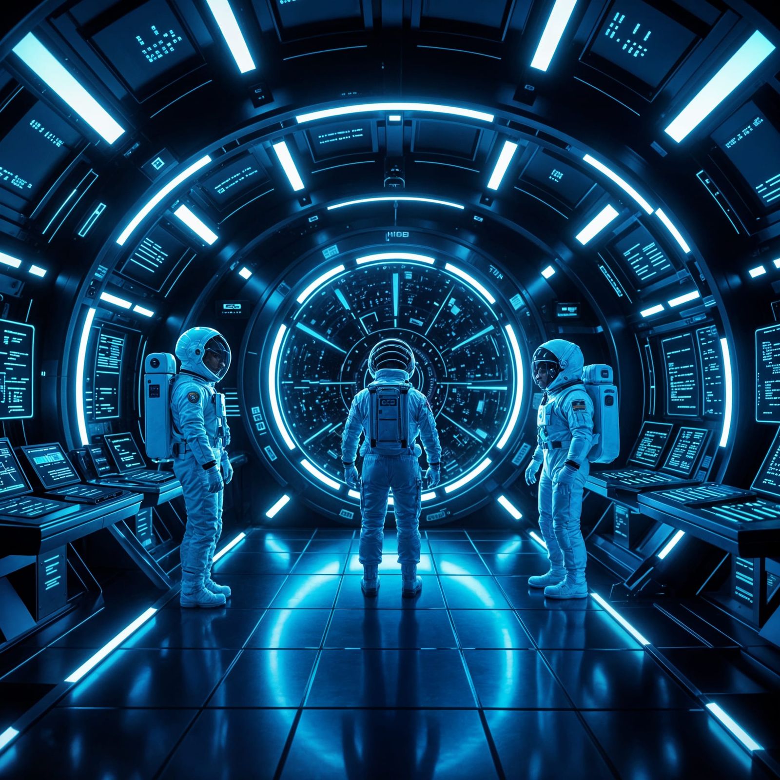 Futuristic Spaceship Interior with Floating Figures