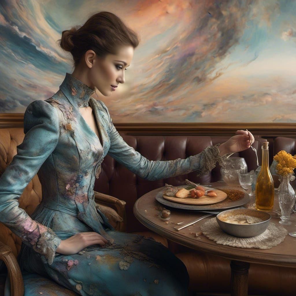 Stylish Alien at Table: Polychromatic Abstract Digital Art