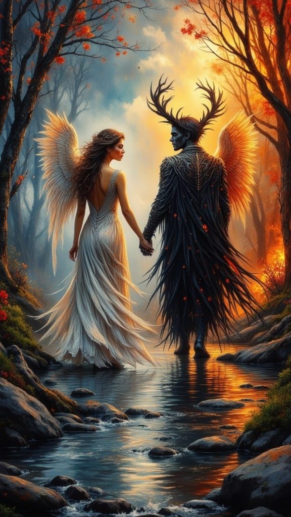Angel and Demon in Fiery Surreal Forest Oil Painting