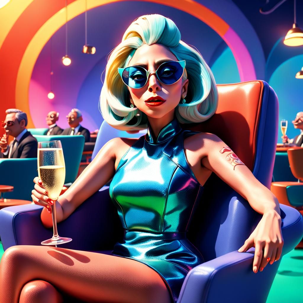 Lady Gaga Sipping Champagne: Pixar-Style 3D Art
