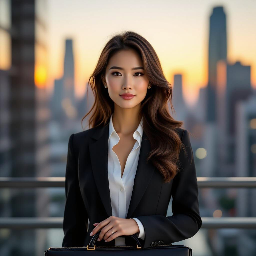 Successful Asian Woman in Cityscape, Photorealistic Style