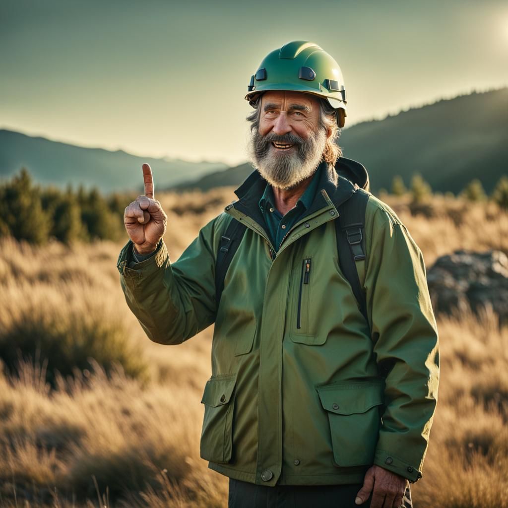Enthusiastic Geologist Balances Helmet in Golden Light