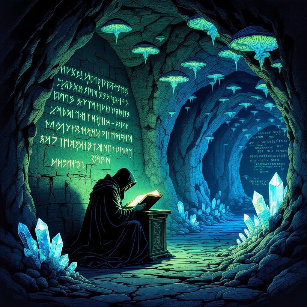 Scholar in Glowing Cavern Library