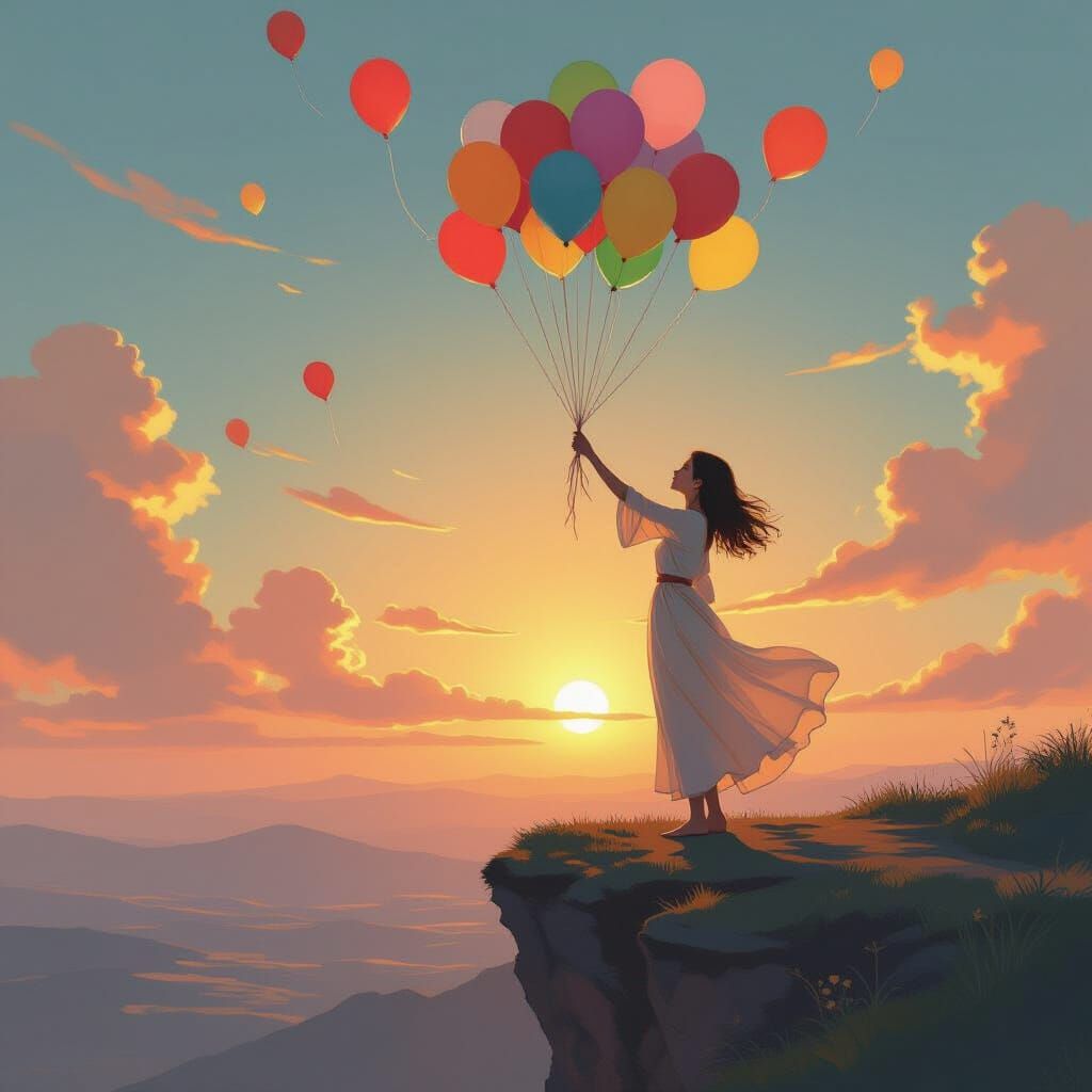 Woman Releasing Balloons: Ethereal Art in Vibrant Colors