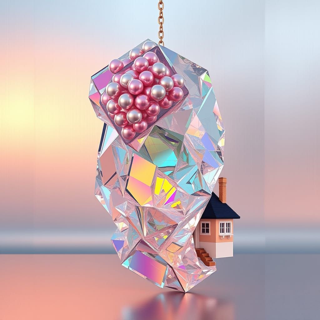 Iridescent Pearls in Cubist Beach House Scene with Aluminum ...