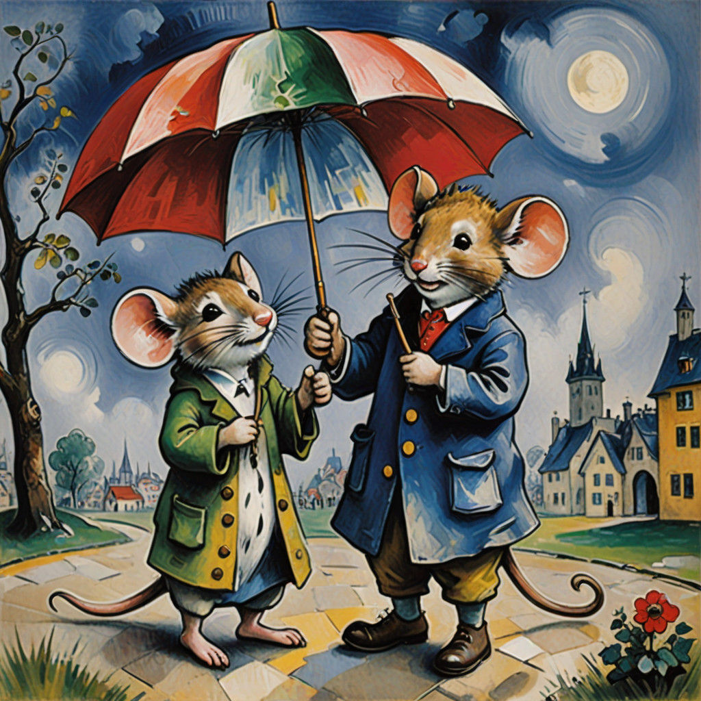 Whimsical Mouse Under a Colorful Umbrella
