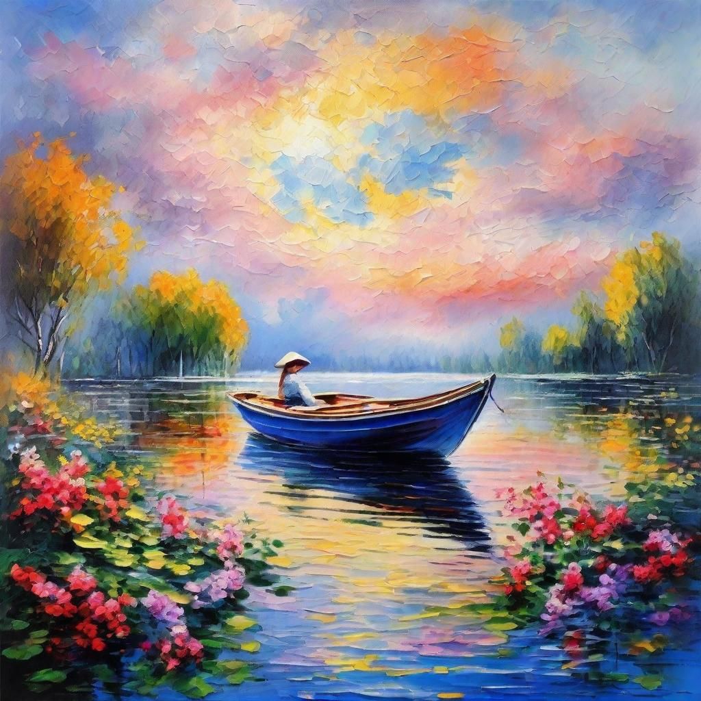 Lake Scene with Boat, Girls, and Flowers as Impasto Painting