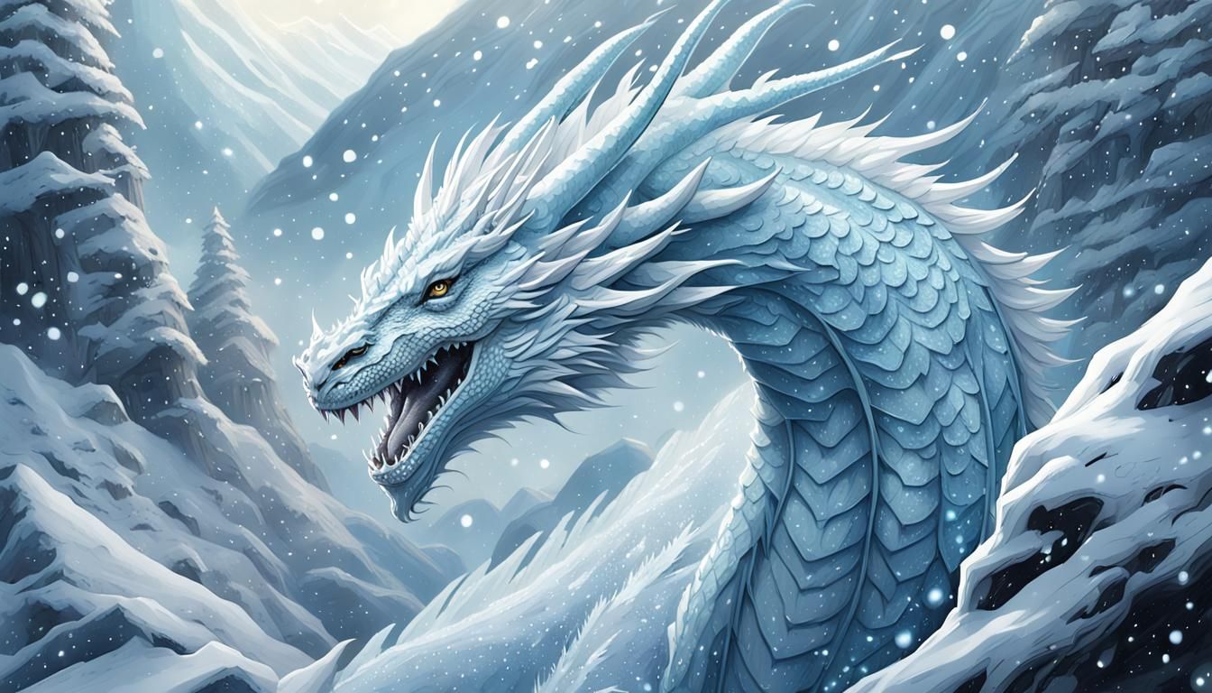 White Dragon in Snowy Landscape, Comic Book Art