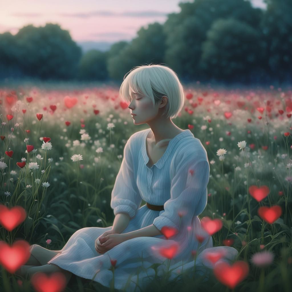 Woman in Ethereal Flower Field, Watercolor Style