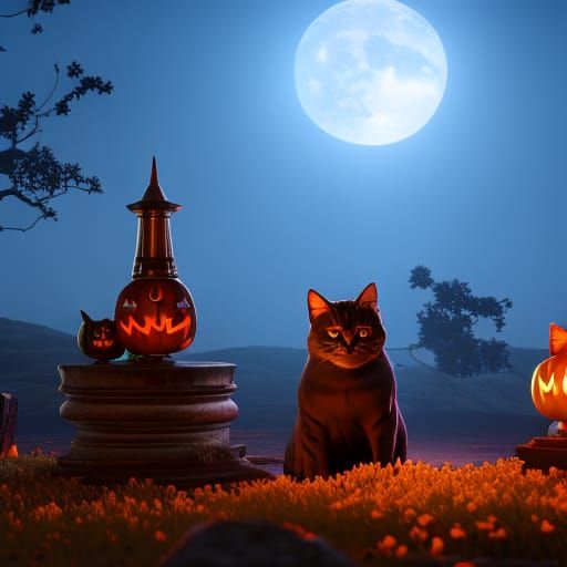 Halloween Cats Celebrate in Moonlight: Digital Art