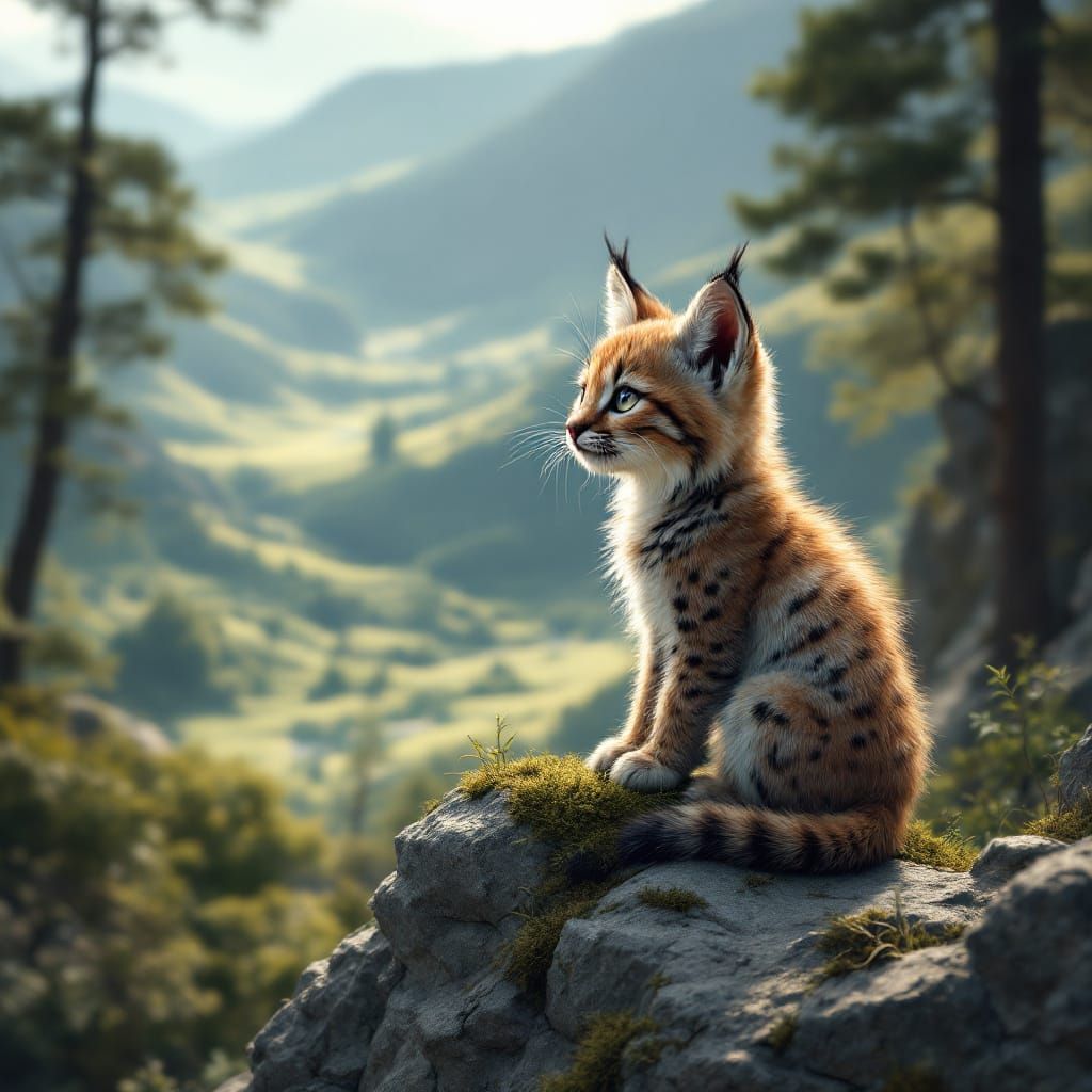 Iberian Lynx Cub Overlooking Sunlit Valley