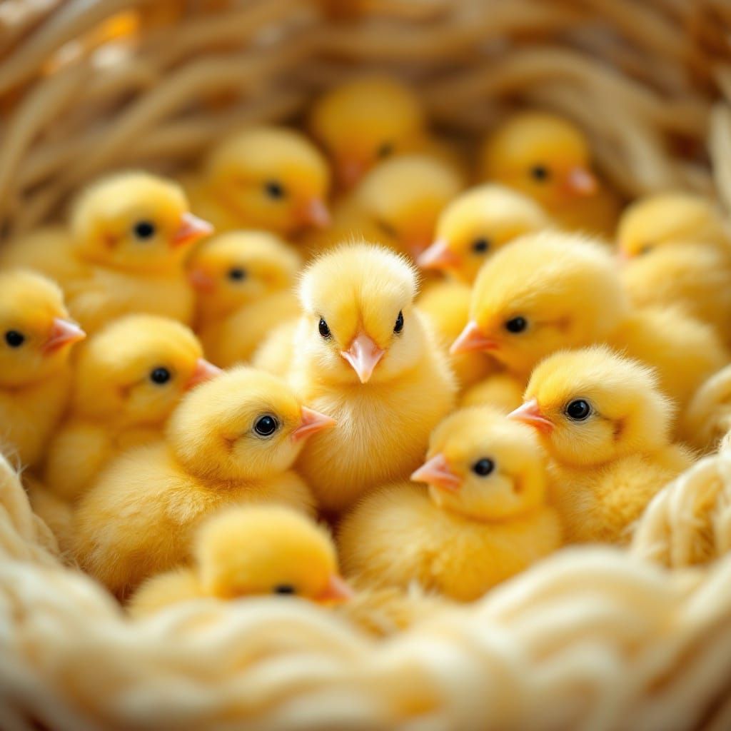 Cute Little Yellow Chicks in a Basket