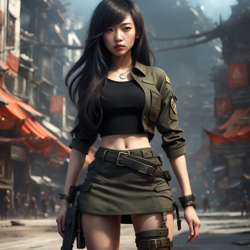 Asian Woman in Army Style: Digital Art