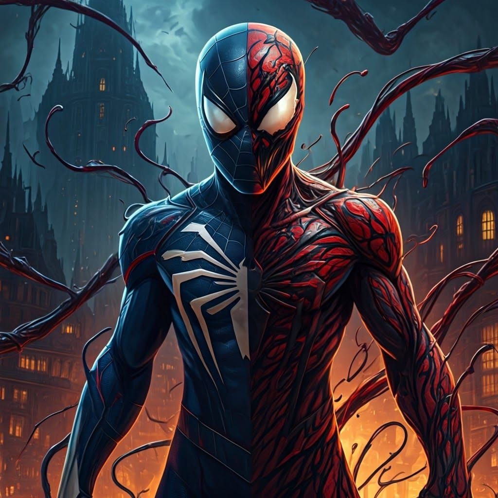 Spider-Man and Carnage Fusion in Dystopian Cityscape