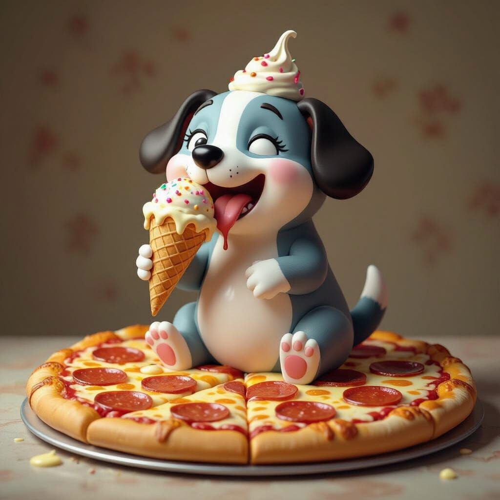 Labubu Enjoys Ice Cream on Giant Pizza in Digital Art Style