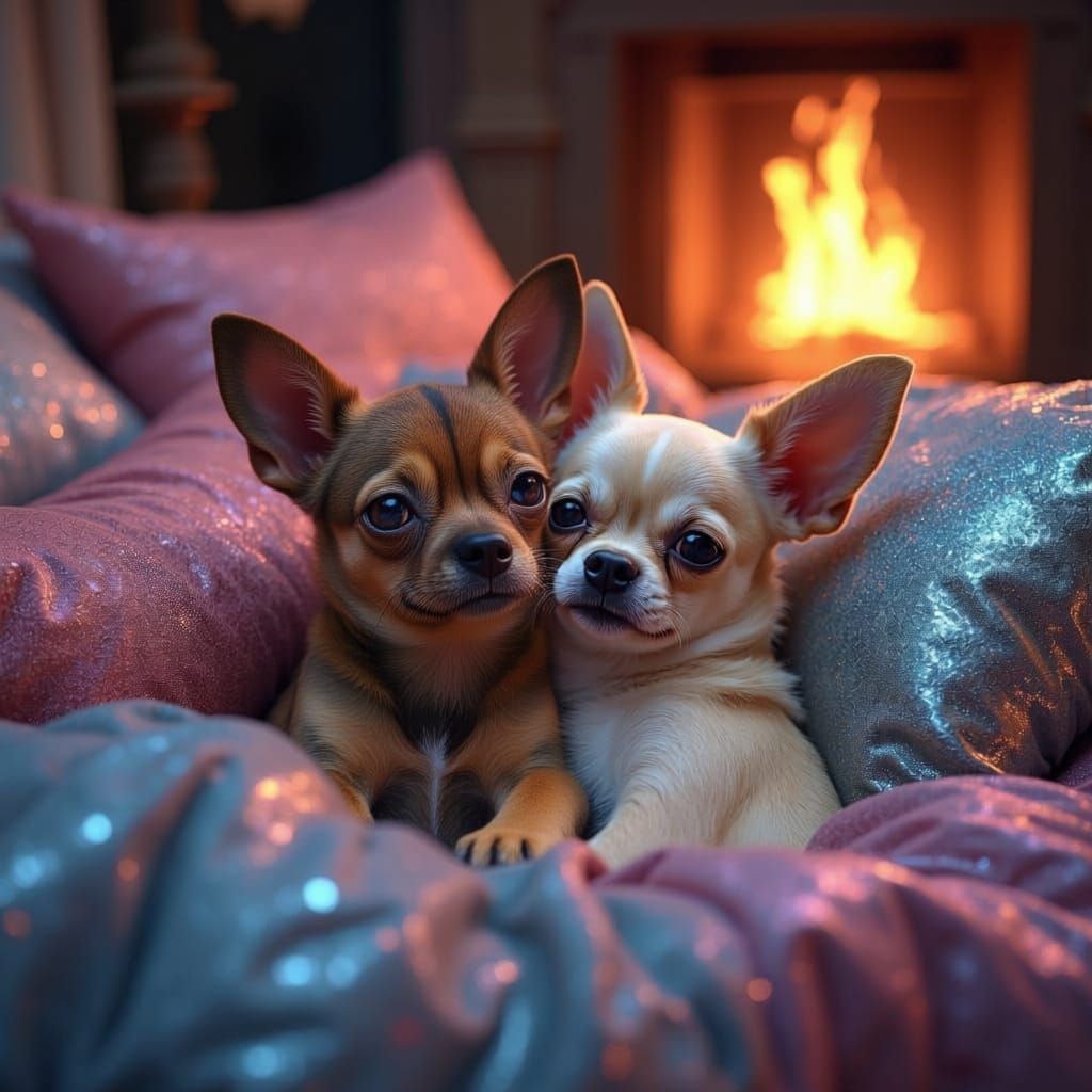 Two Chihuahuas Snuggle in Luxury Bed by Rainbow Fire