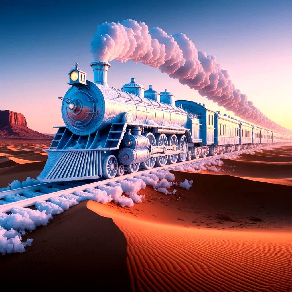 Ice Train in Sunset Desert Landscape