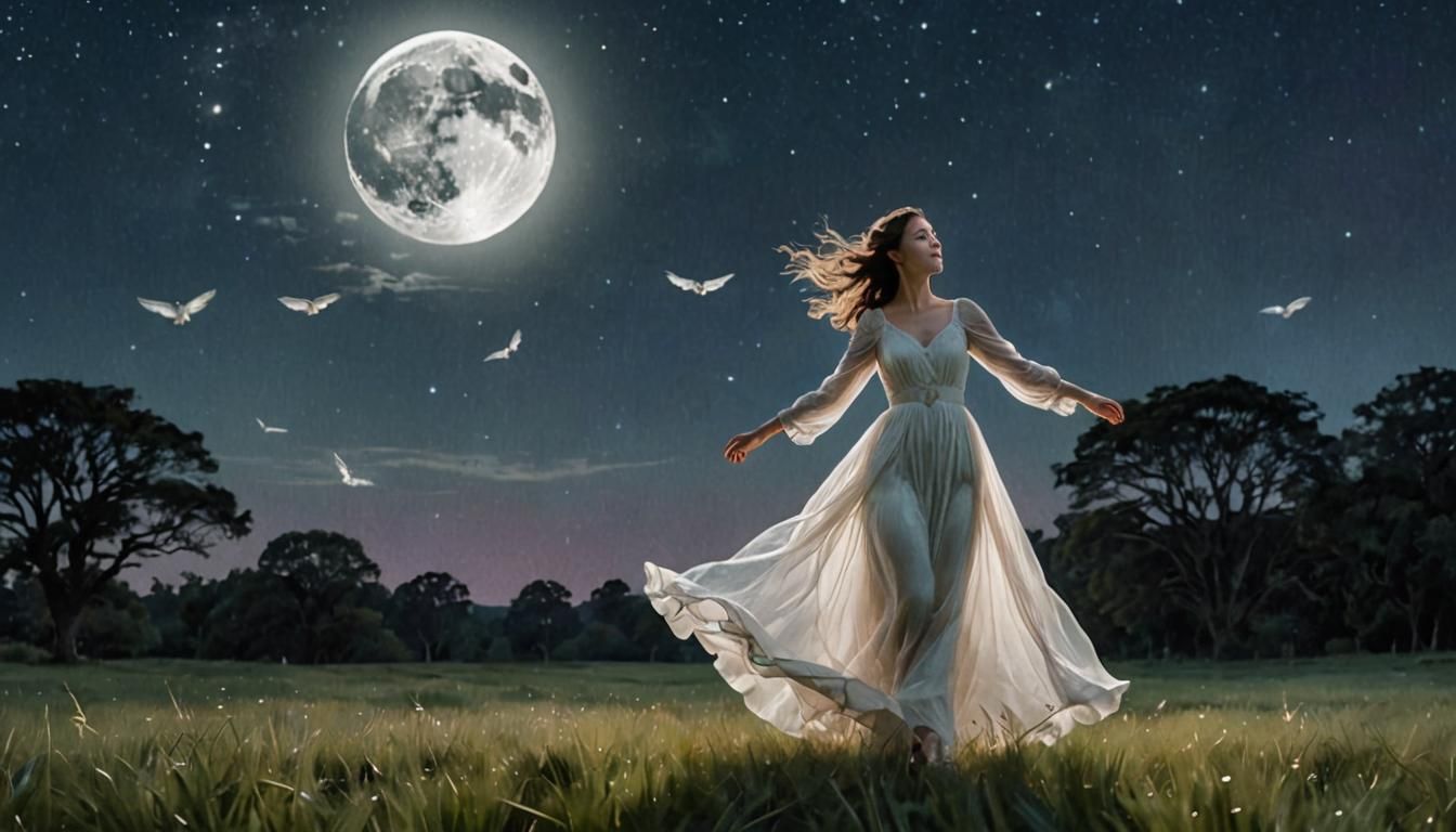 Ethereal Woman Floating Under Moonlight in Fantasy Art