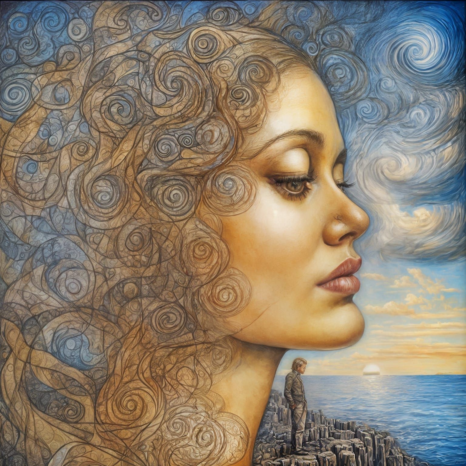 Surreal Double Exposure Oil Painting of Love and Sadness