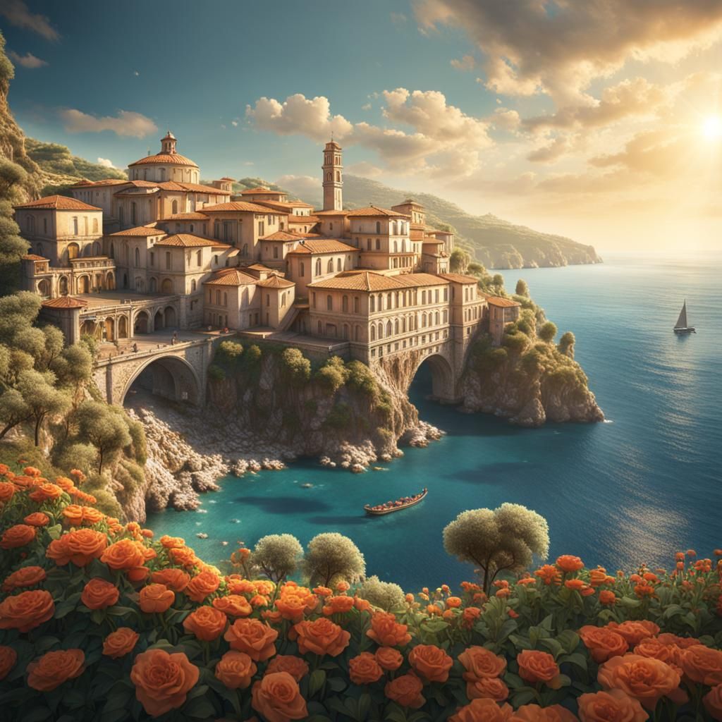 Italian Seaside Matte Painting with Sun Hat