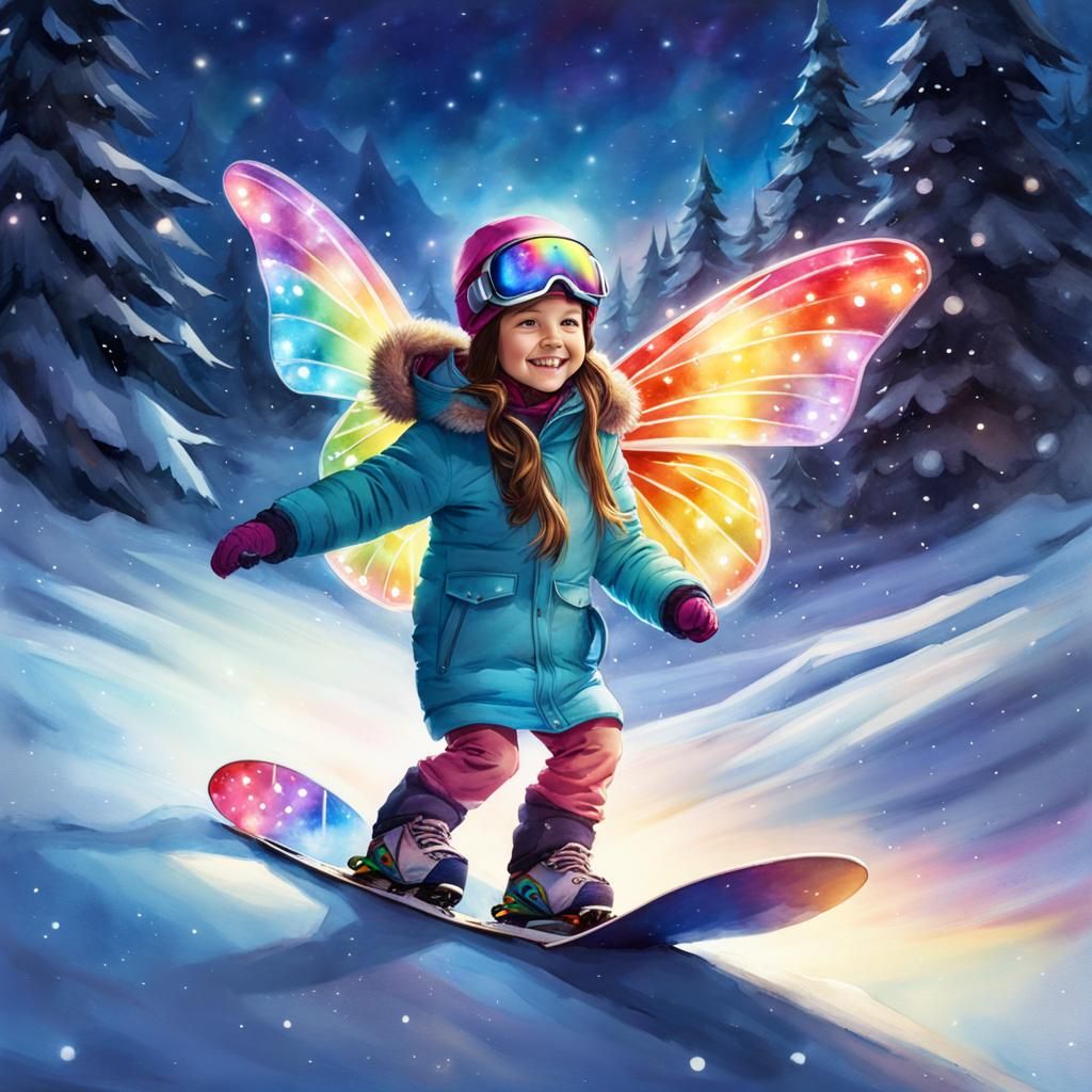 little girl snowboarding at night wearing light up wearable rainbow butterfly wings, beautiful light, masterpiece, feeli...
